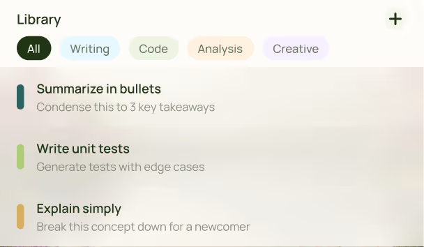 Library interface with filters All, Writing, Code, Analysis, Creative and tasks like summarize, write tests, explain simply.