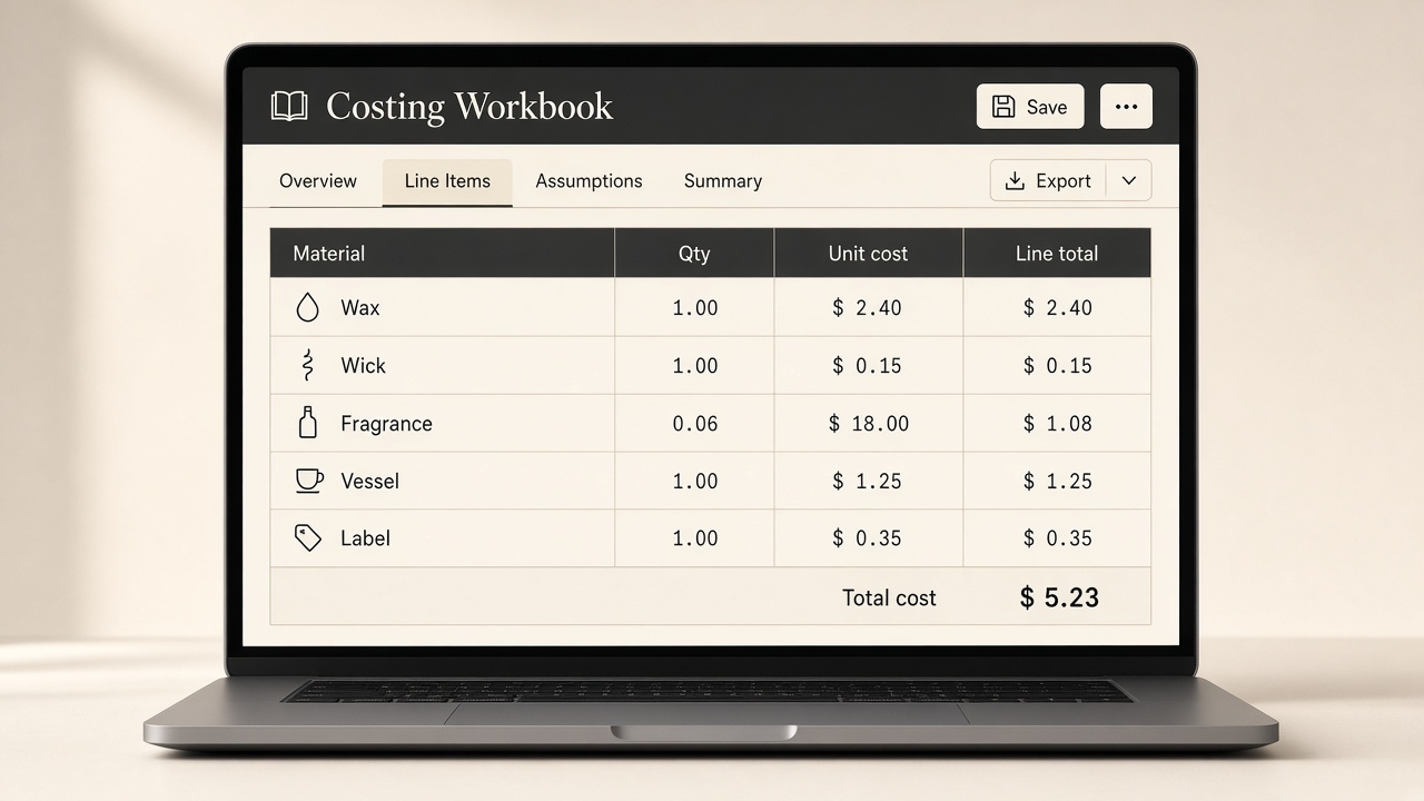 Costing Workbook line-item table showing materials, quantities, and line totals.