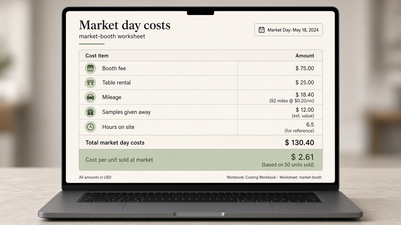 Costing Workbook market-day worksheet with booth fee, table rental, and cost per unit.