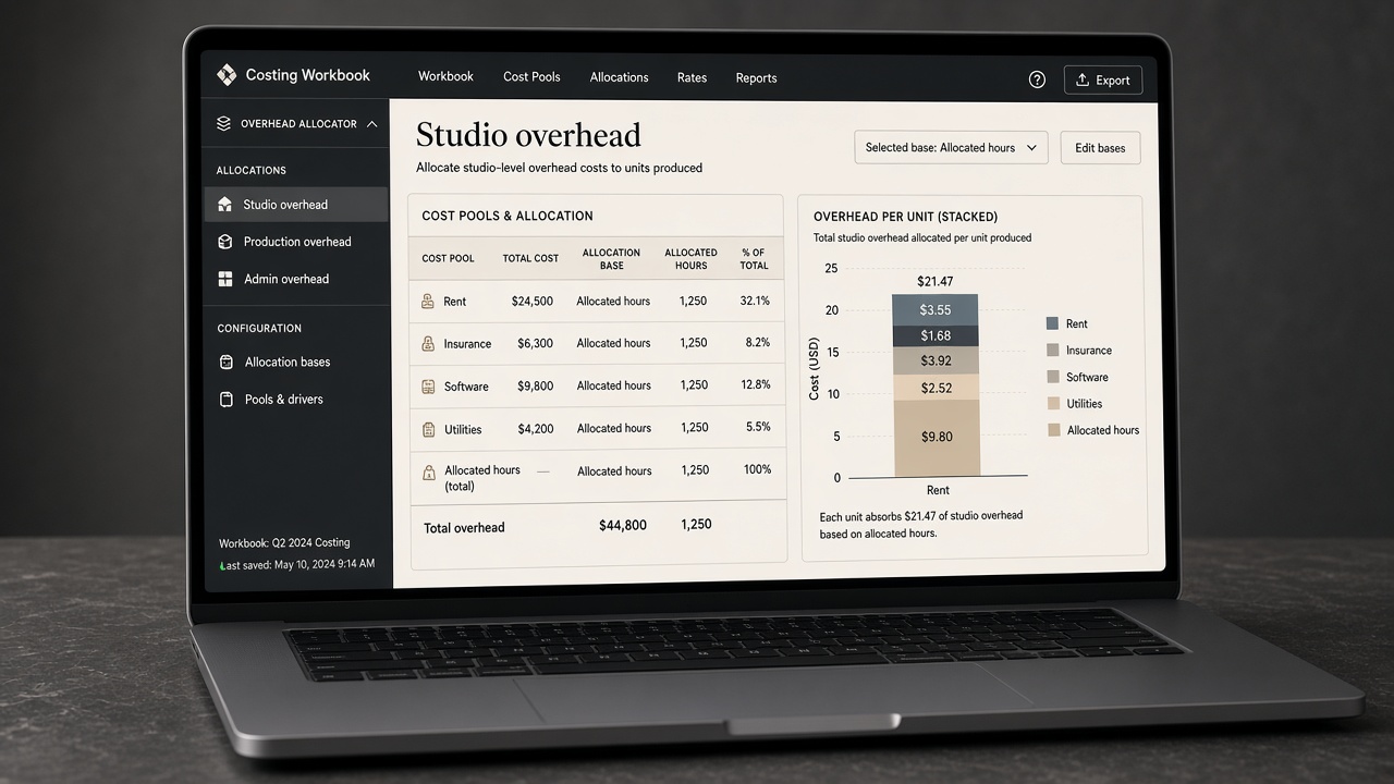 Costing Workbook studio overhead sheet allocating rent, insurance, and software.