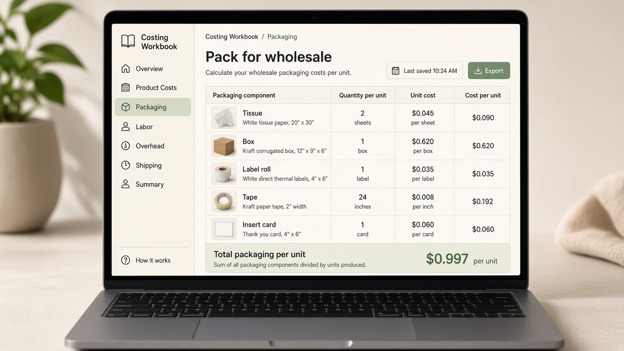 Costing Workbook packaging sheet with tissue, box, labels, and packing per unit.