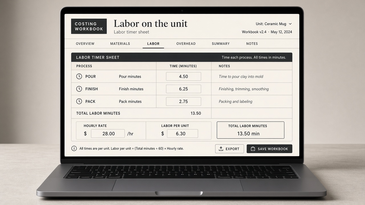 Costing Workbook labor sheet with pour, finish, pack minutes and hourly rate.