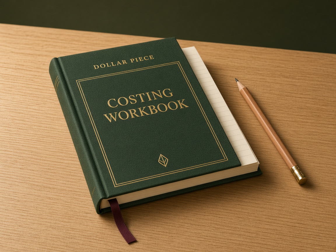 Forest-green clothbound Dollar Piece Costing Workbook on a maple desk, gold-foil stamped and slightly open