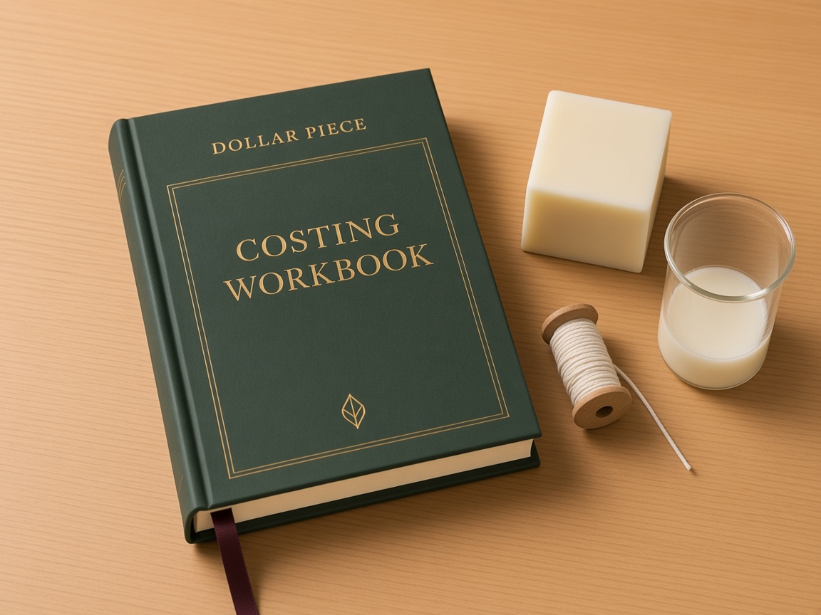 Costing Workbook beside soy wax, a wick spool, and melted wax