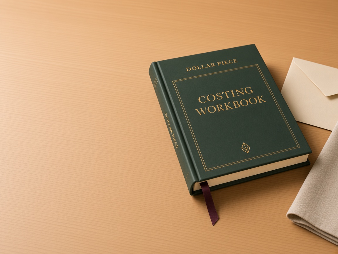 Costing Workbook with a cream envelope and linen on maple