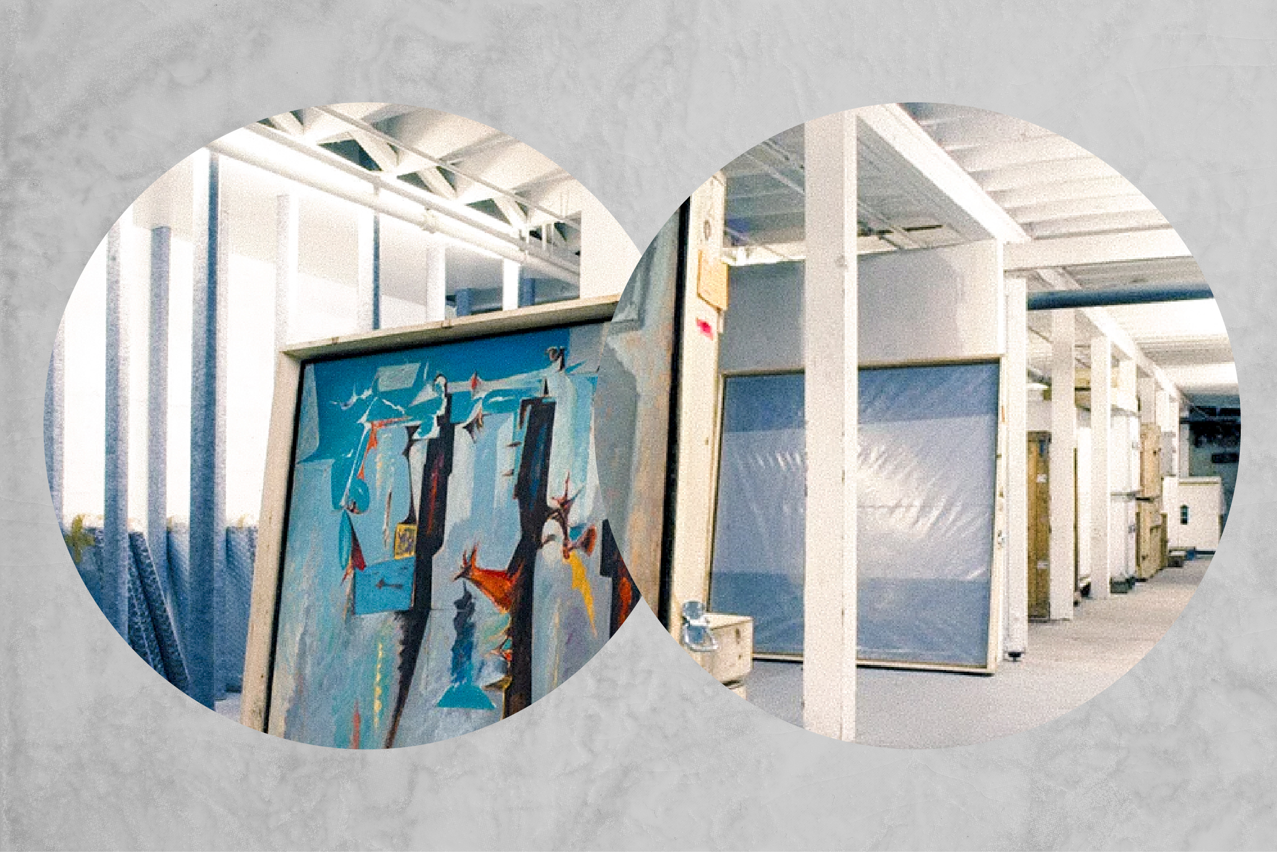 Wrapped paintings held in art storage for a split collection file.