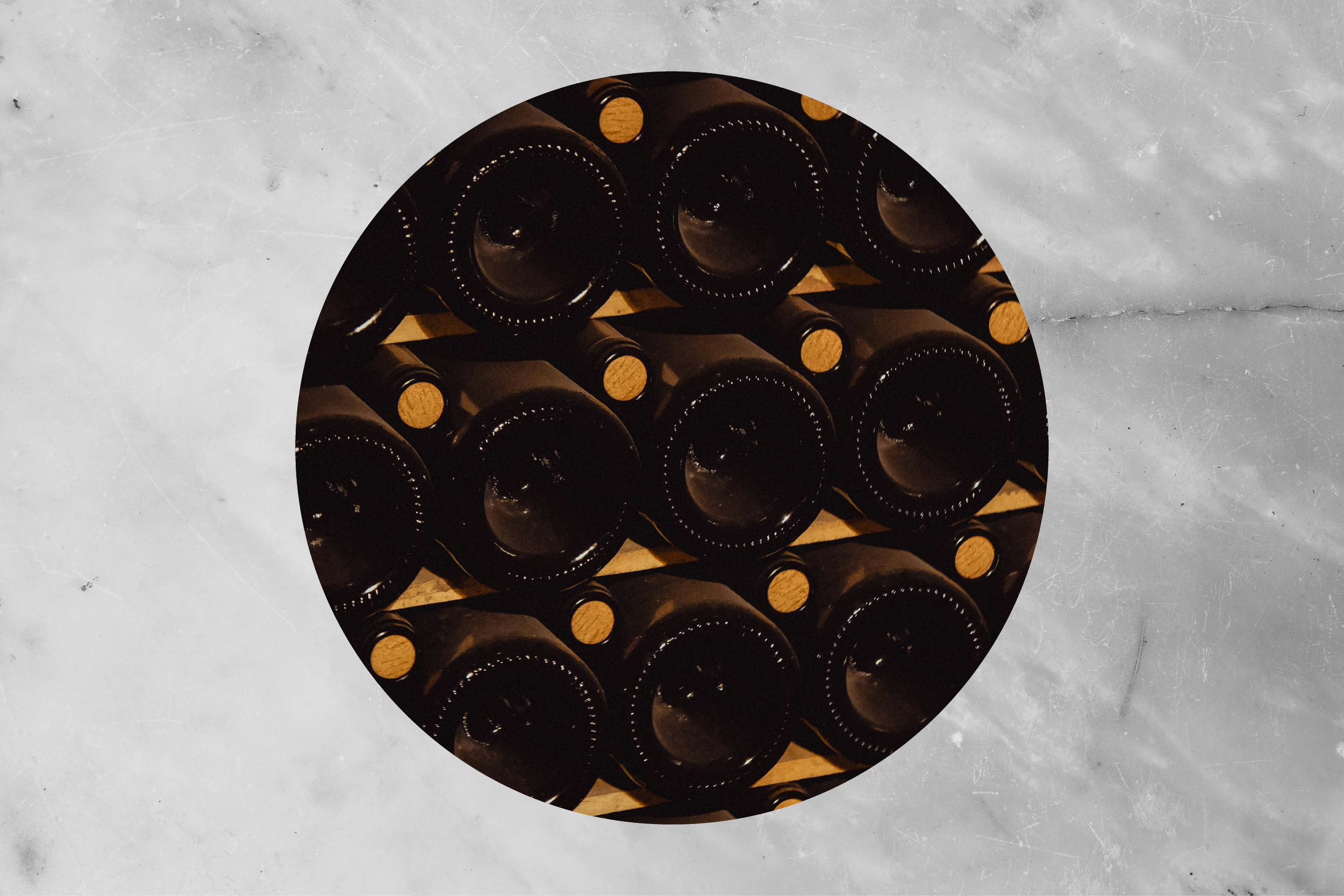 Bottles seen from above in a cellar rack