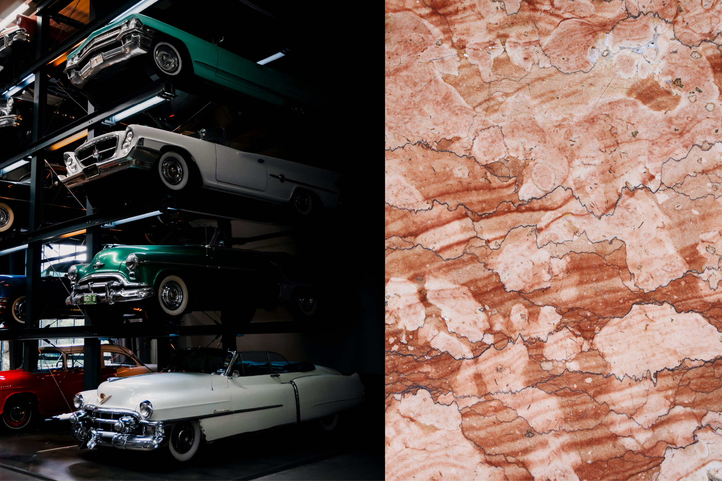 Collector cars stacked on a multi-level storage rack