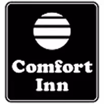 Comfort Inn logo with stylized white sun and three horizontal lines above the text on a black background.