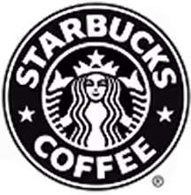 Starbucks Coffee logo featuring a siren with a star crown inside a circular black and white emblem.