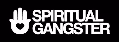 Logo with a white hand icon featuring a heart shape in the palm next to the words 'SPIRITUAL GANGSTER' in bold white uppercase letters on a black background.