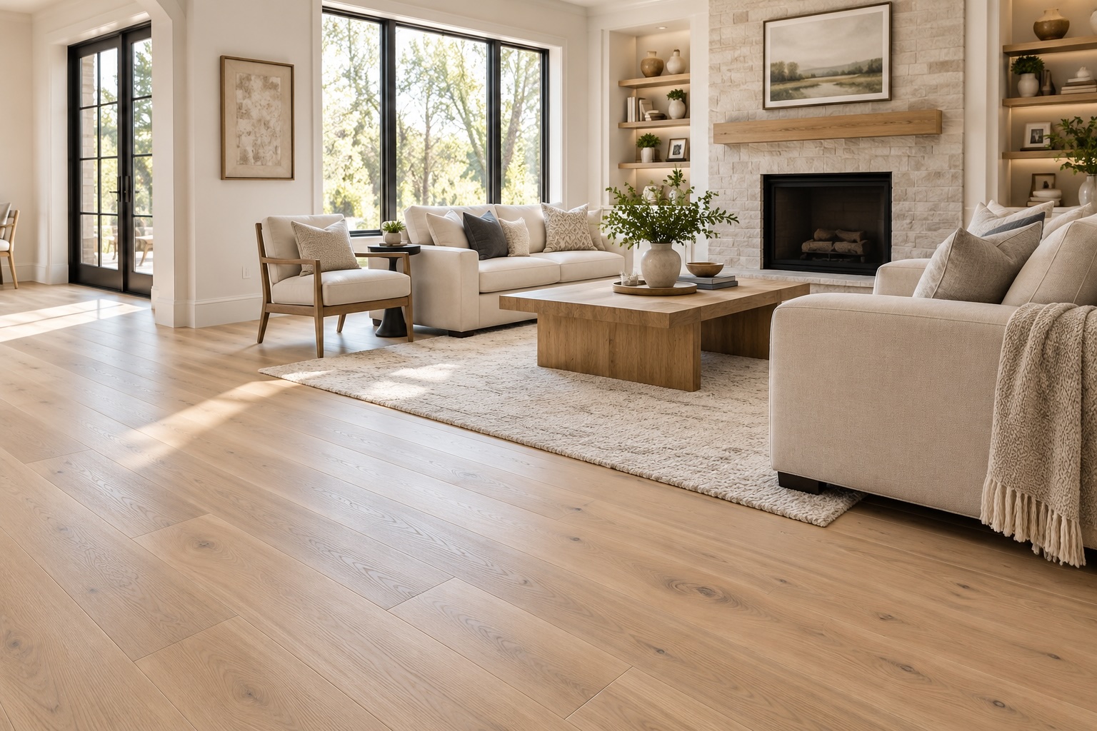 Light-stained solid wood flooring in a bright modern living room