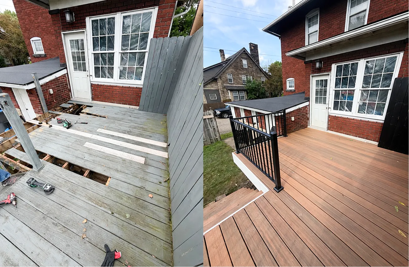 Deck restoration before and after with new decking and railing