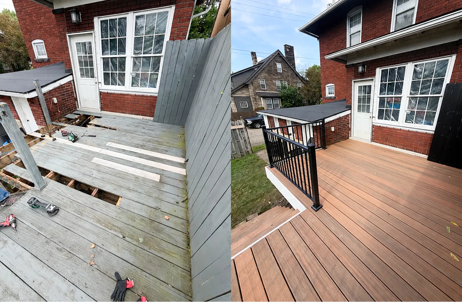 Deck repair before and after with new decking and railing