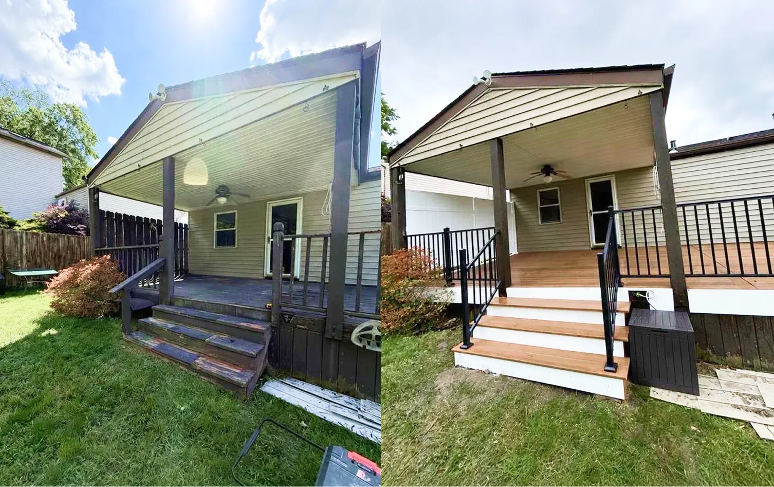 Deck restoration before and after with new decking, stairs, and railings