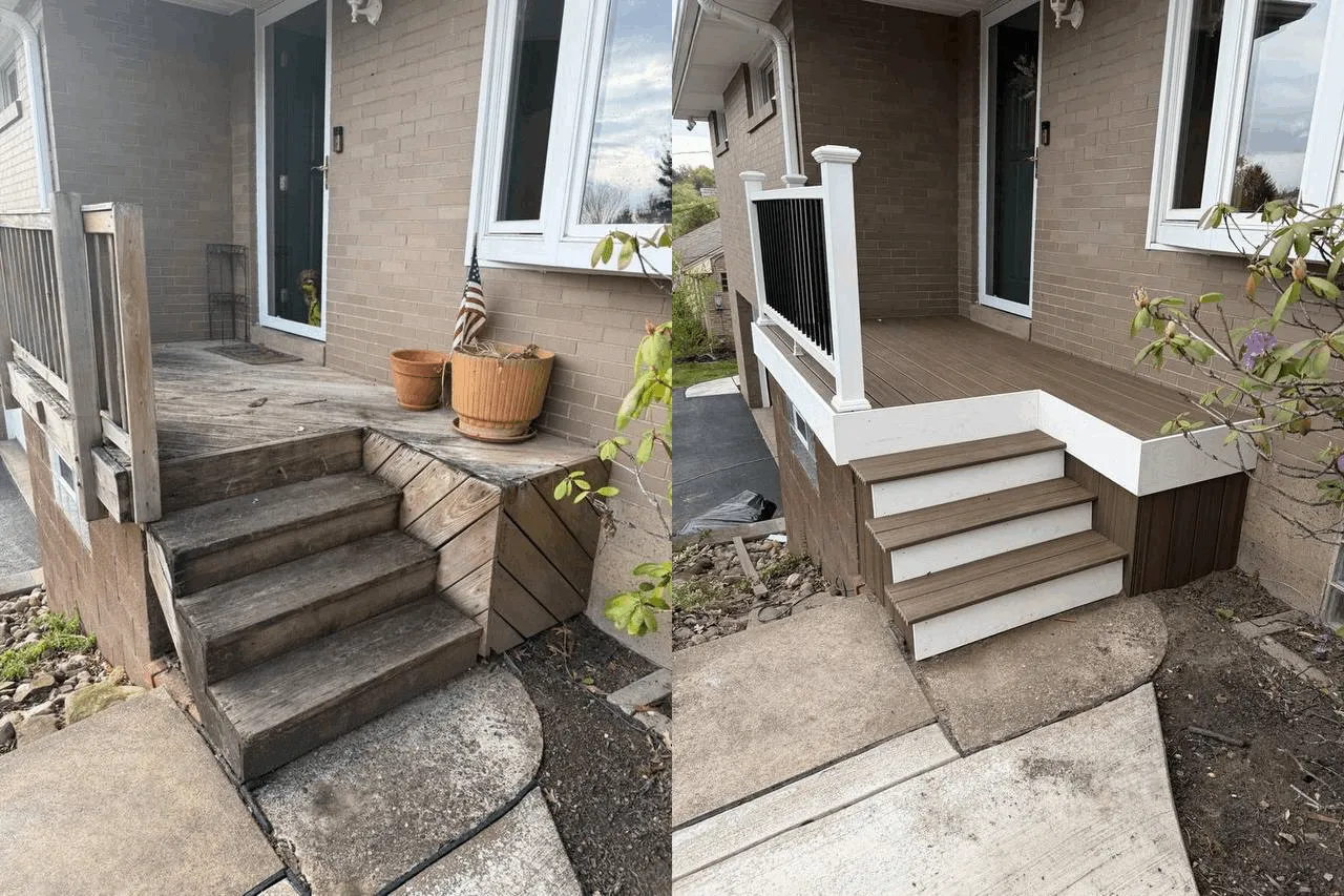 Side entrance of a brick home with concrete steps and a new white railing post