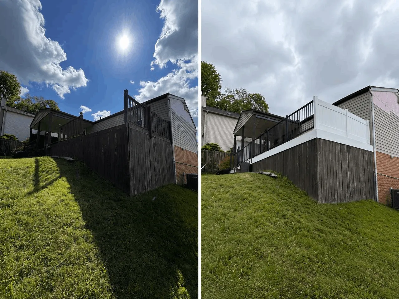 Before and after: old backyard deck rebuilt with black aluminum railings and privacy fencing