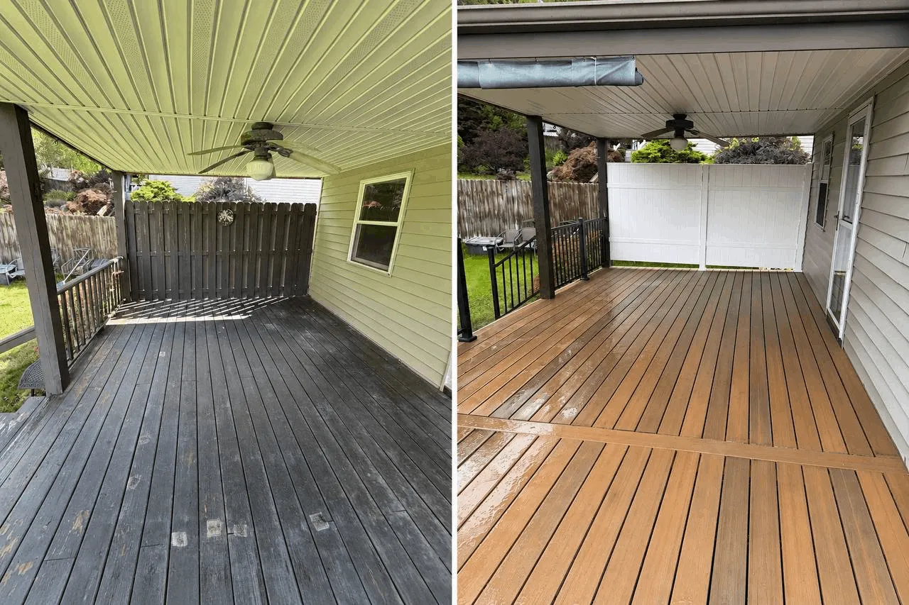 New deck built from the ground up with gray decking and white railings.