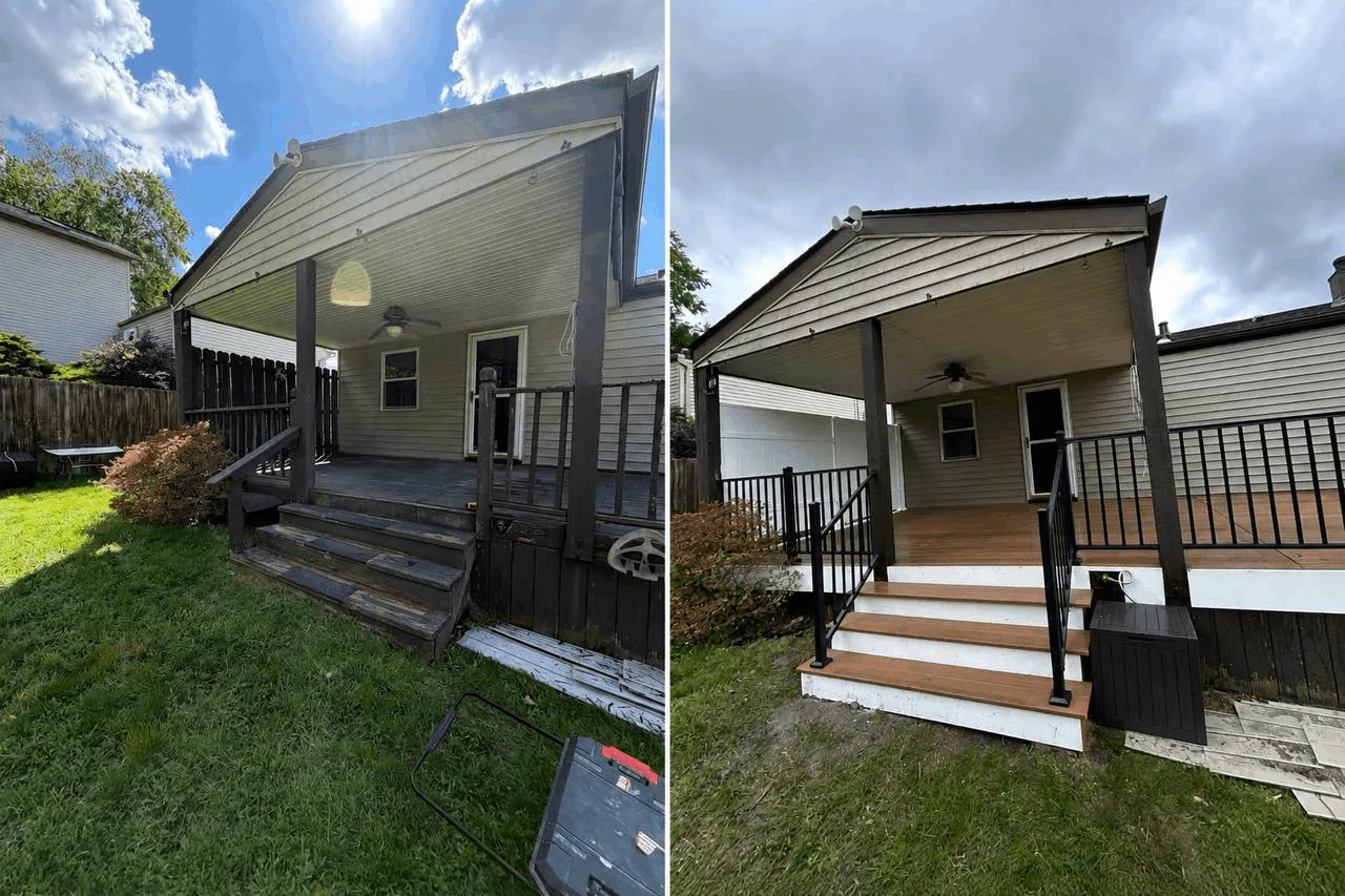 New deck built from the ground up with gray decking and white railings.
