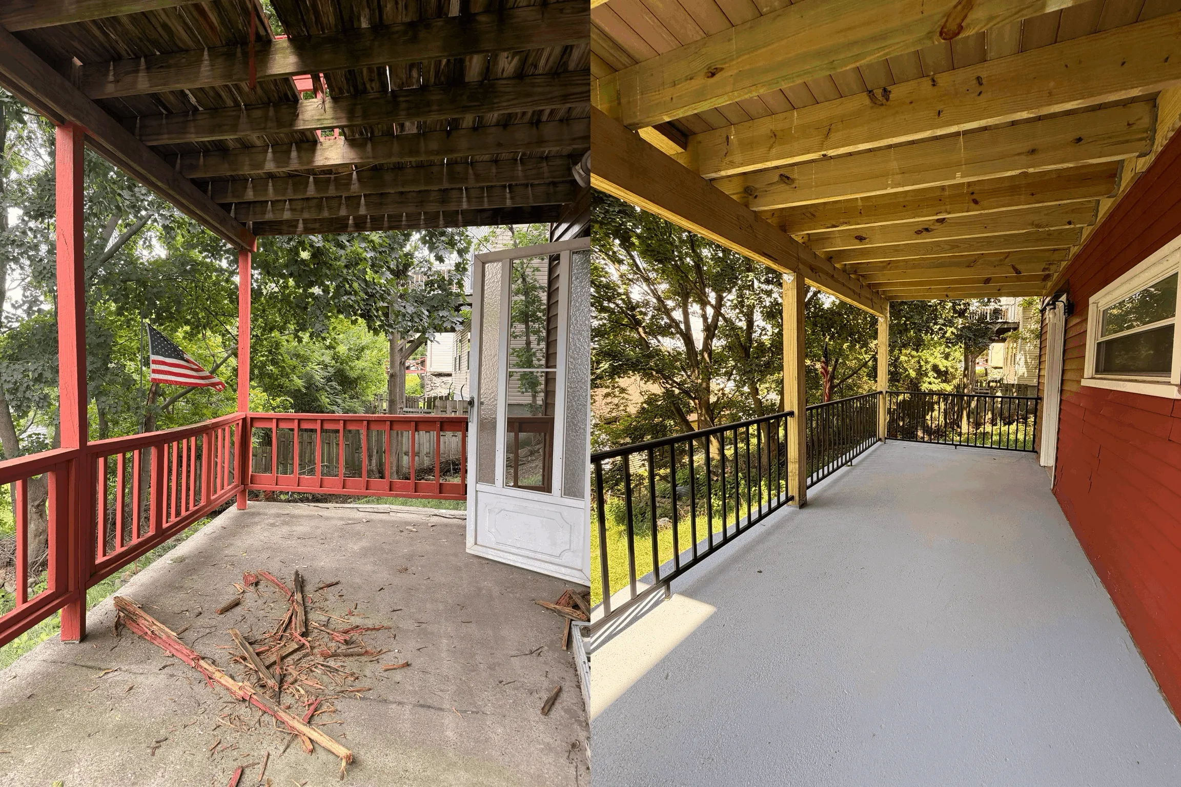 New deck built from the ground up with gray decking and white railings.