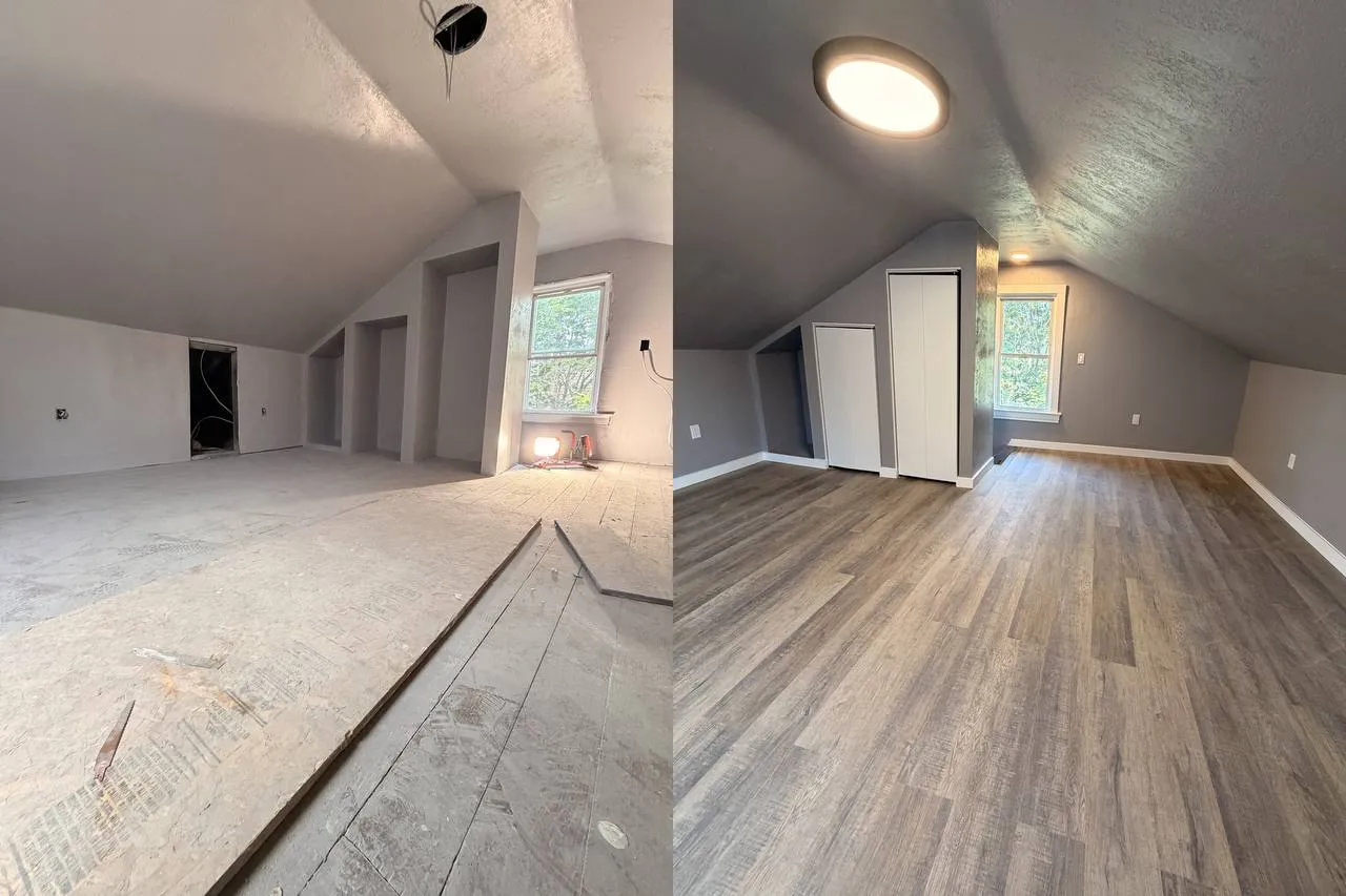 Before and after: unfinished attic room converted into a finished space with wood flooring