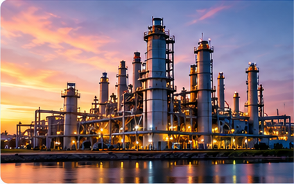 Industrial power generation facility at sunset