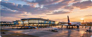 Airport terminal and aircraft at sunset