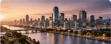 City skyline and waterfront at sunset