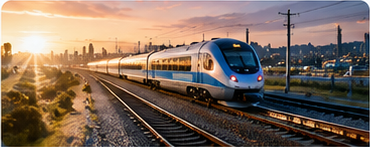 Passenger train traveling along railway tracks