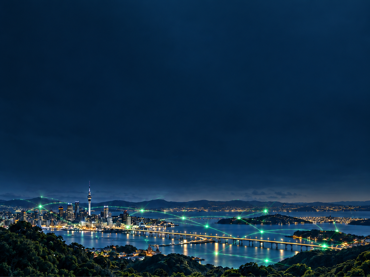 Auckland skyline and harbor at night connected by fine green network lines