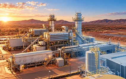 Industrial power generation facility at sunset