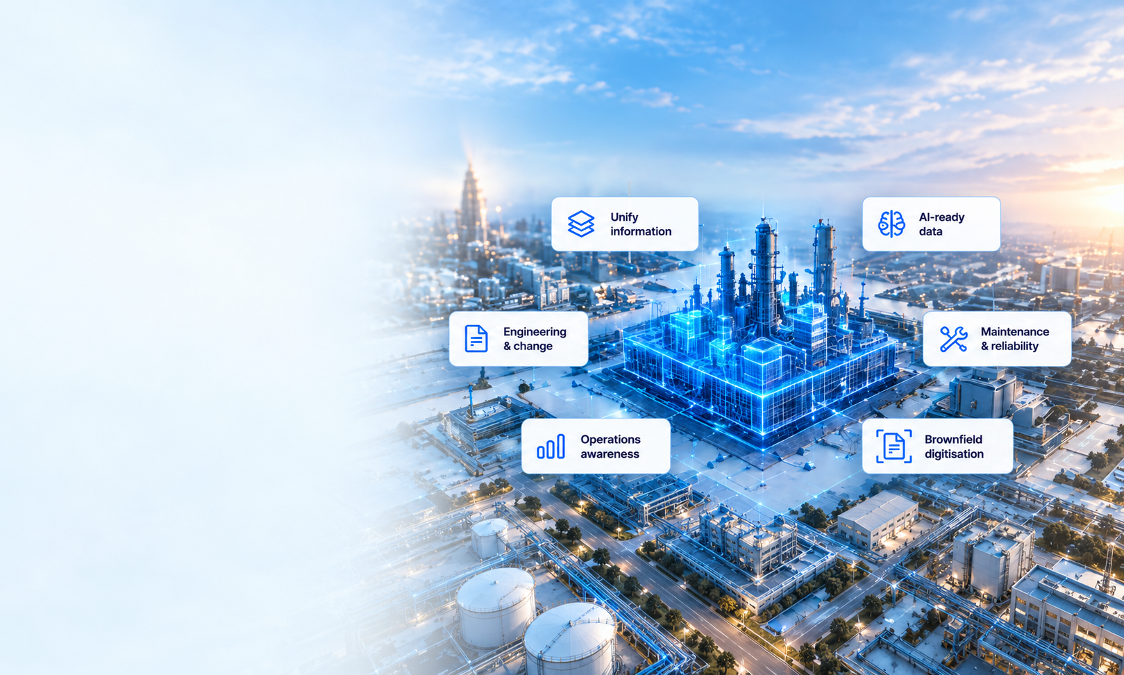 Infrastructure Knowledge Twin connecting Unify information, AI-ready data, Engineering and change, Maintenance and reliability, Operations awareness and Brownfield digitisation.