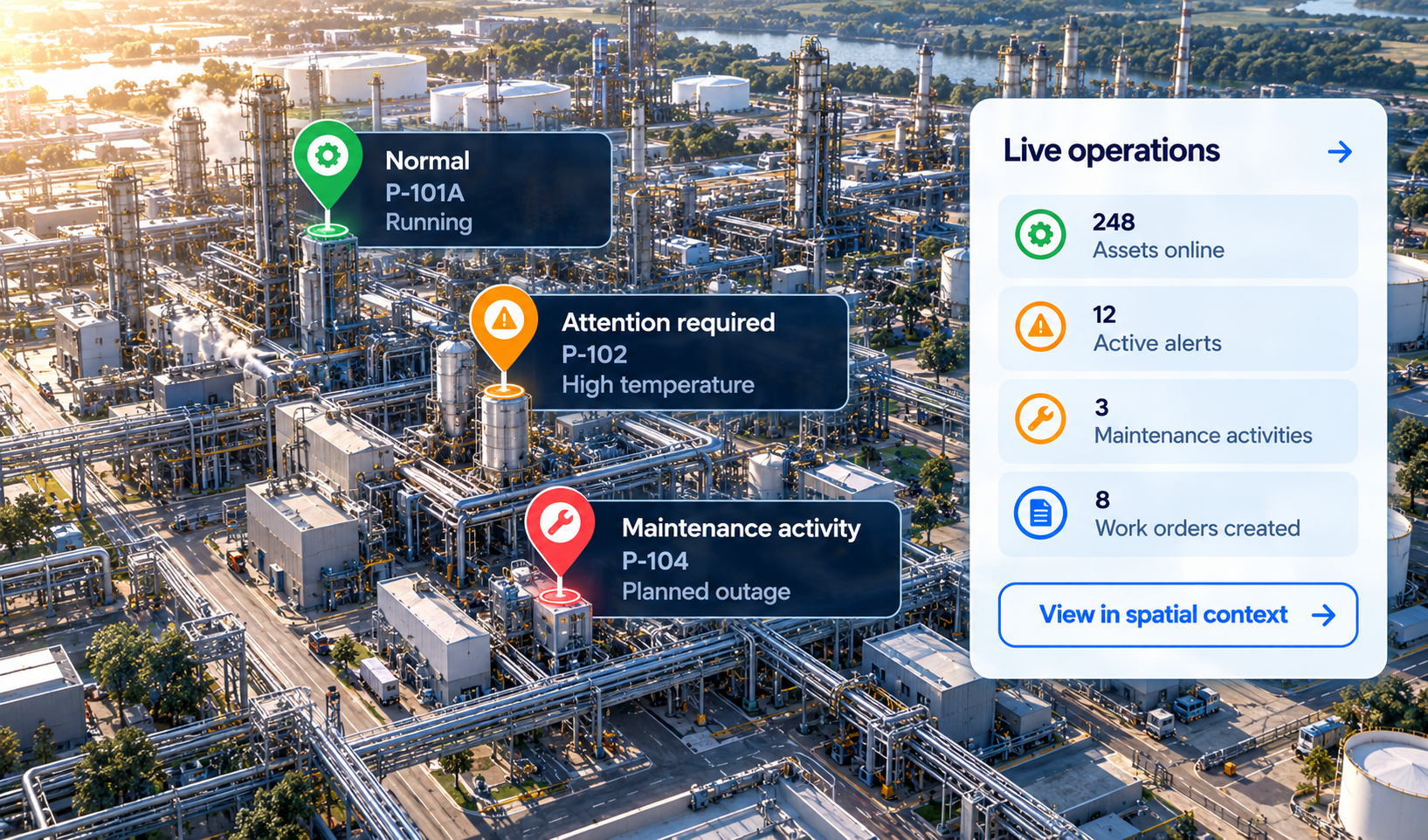 Illustrative operations view: industrial assets marked as running, requiring attention or undergoing maintenance, alongside an operational status dashboard.