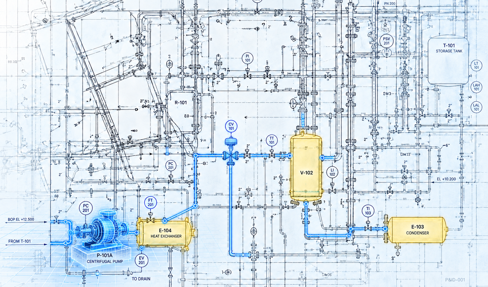 Engineering drawing transformed into connected digital asset context with highlighted components, blue connections and a wireframe pump.