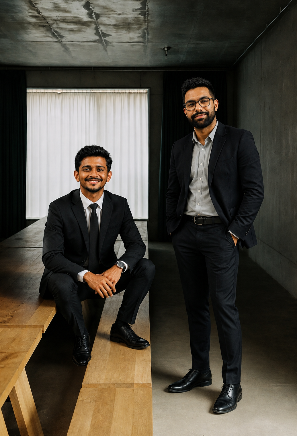 Two professionally dressed men in suits and dress shoes in a modern office with dark walls and wooden benches, one sitting and smiling, the other standing with hands in pockets.