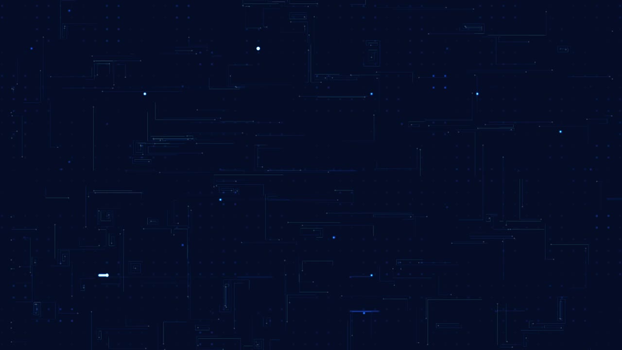 Dark blue digital background with a grid of fine lines, dots, and scattered glowing blue points, resembling a circuit board or data network.