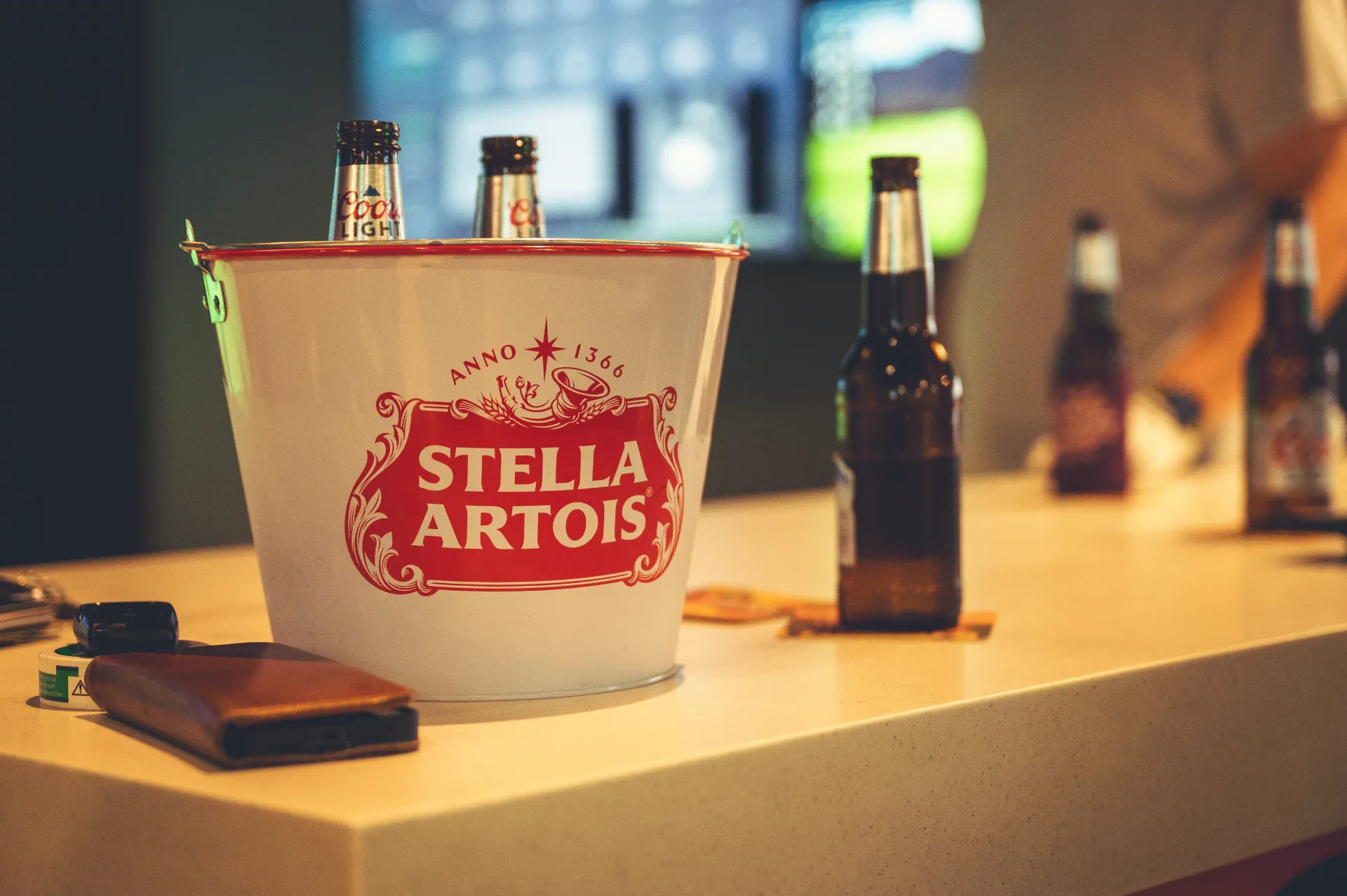 Stella Artois beer bucket and bottles on the bar at The PAR Club