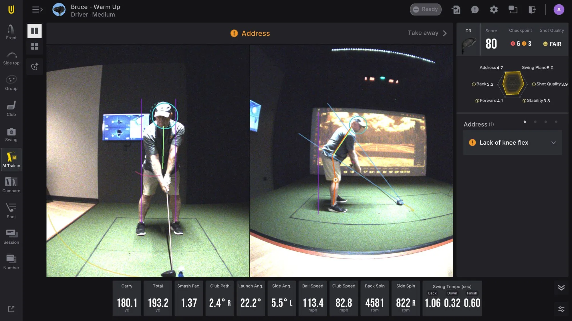 AI swing trainer analyzing golf address position and posture at The PAR Club