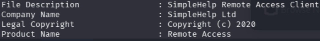 A technical snippet of the payload's metadata revealing its true nature. The file description identifies it as "SimpleHelp Remote Access Client," the company name as "SimpleHelp Ltd," and the product name as "Remote Access".