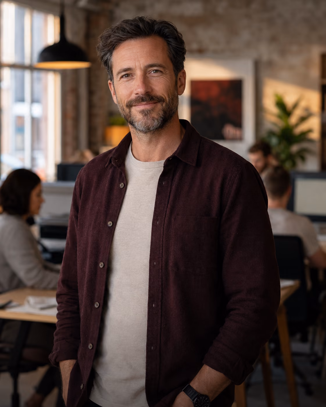 Smiling man with beard and dark hair wearing a maroon button-up shirt over a beige t-shirt, standing with hands in pockets in a modern office space with colleagues working in the background.