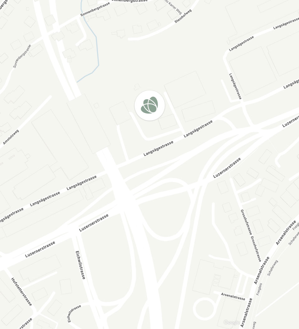 Map showing the intersection of Langsägestrasse and Luzernerstrasse streets with surrounding buildings and a marked location.