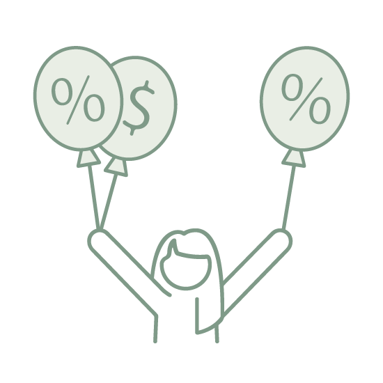 Illustration of a person holding balloons with percentage and dollar symbols representing finance or discounts.