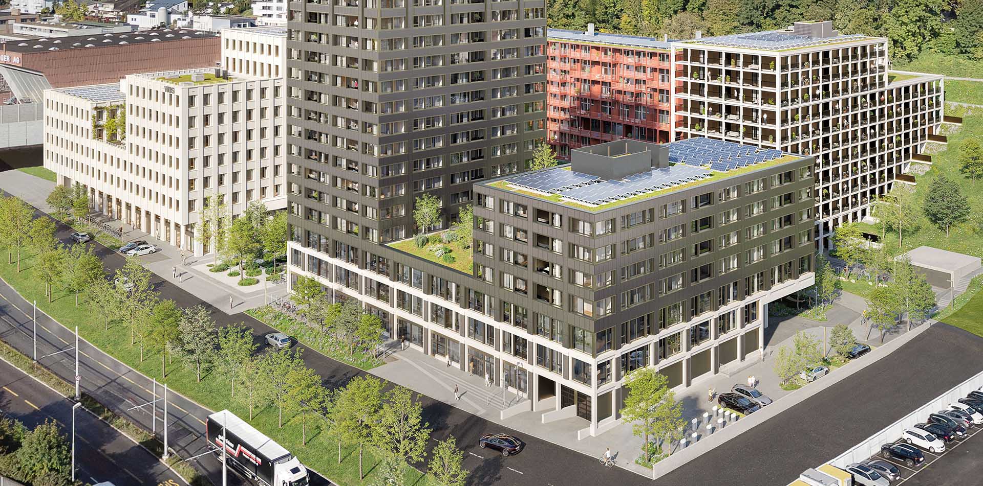 A modern urban complex featuring multiple multi-story buildings with solar panels on rooftops, surrounded by trees and streets with cars and a bus, and pedestrians walking on sidewalks.