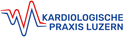 Logo with intertwined red and blue heartbeat lines followed by the text 'Kardiologische Praxis Luzern' in blue.
