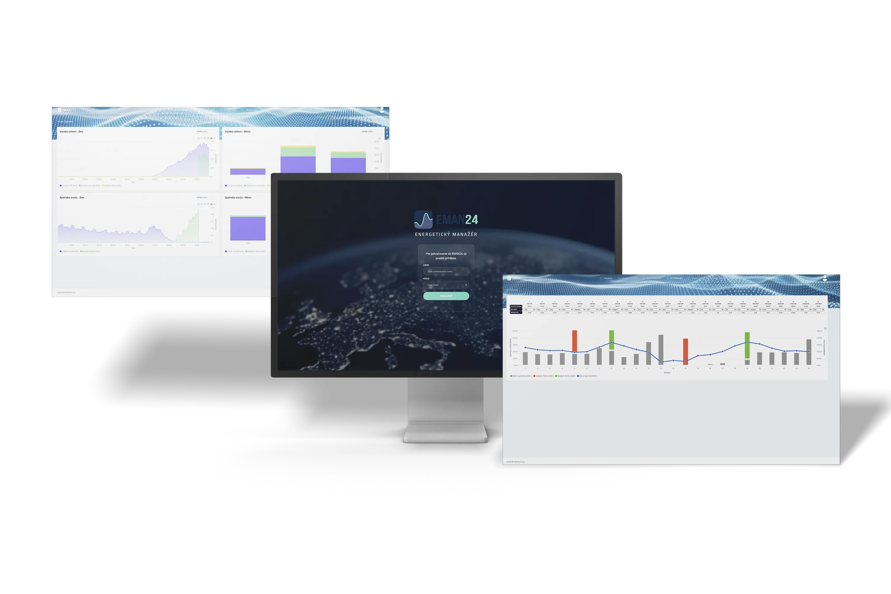 Software EMAN24 na monitoru a obrazovky s grafy energetických toků