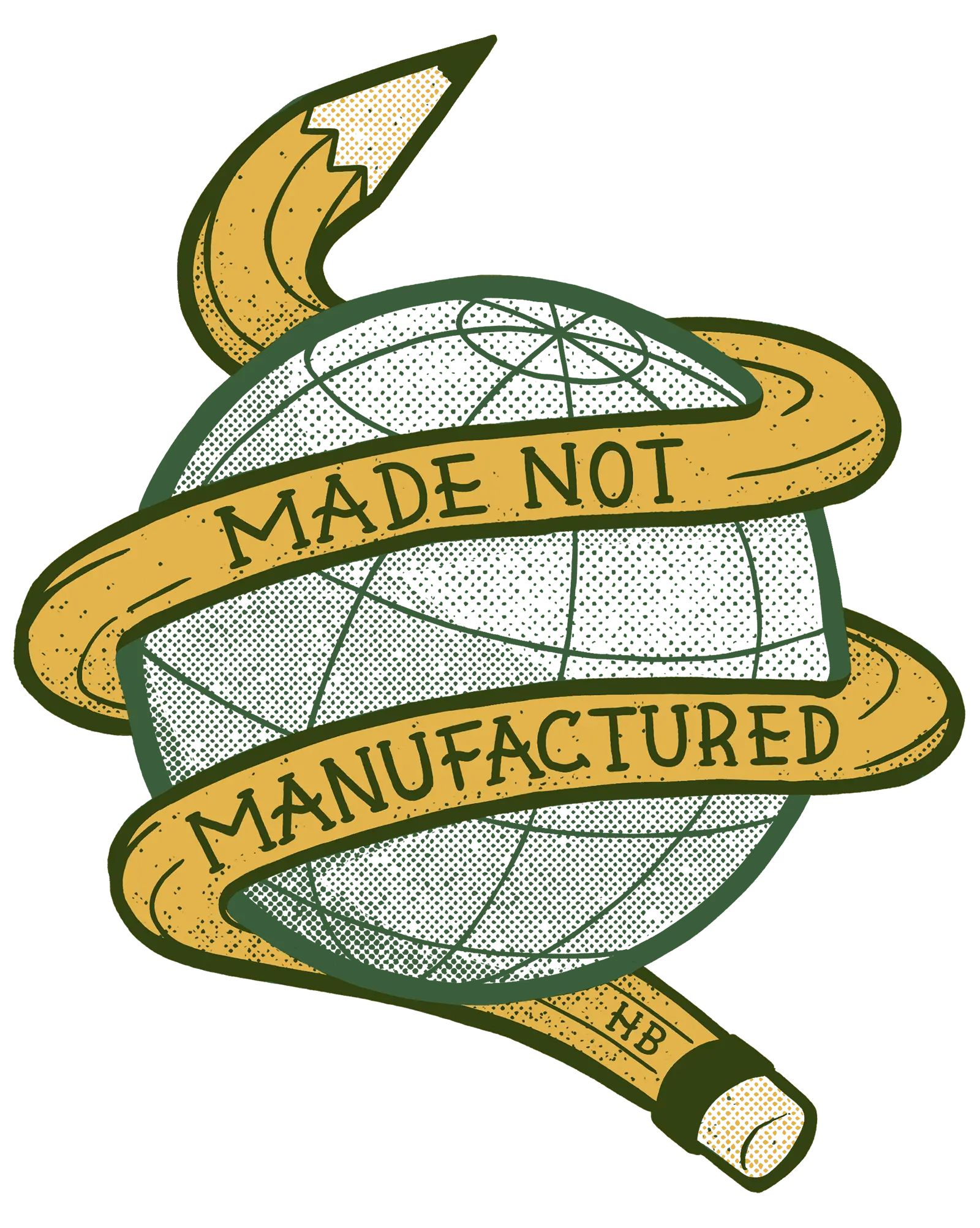 An illustration of a pencil curled like a snake around a globe with the words Made not Manufactured on it