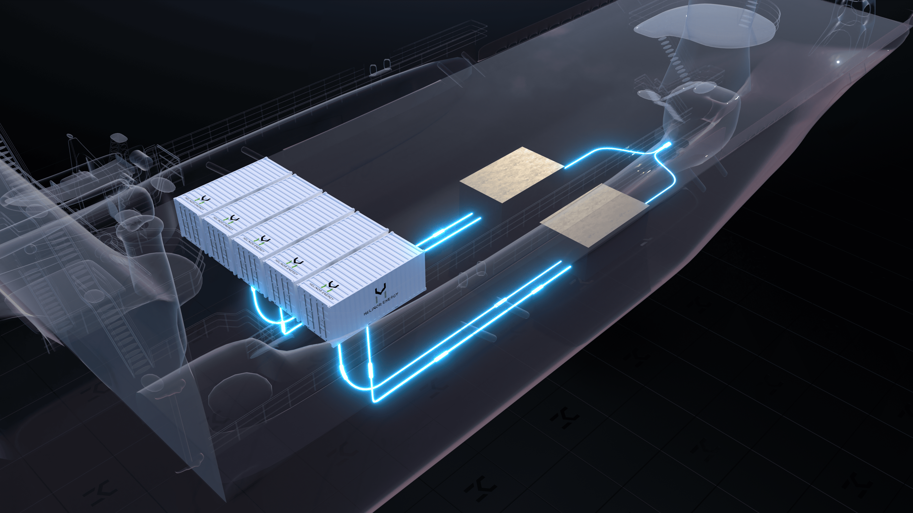 3D rendering of HELINOR Power Box 125 fuel cell modules integrated in a ship, showcasing scalable hydrogen technology to convert any vessel to zero-emission operations