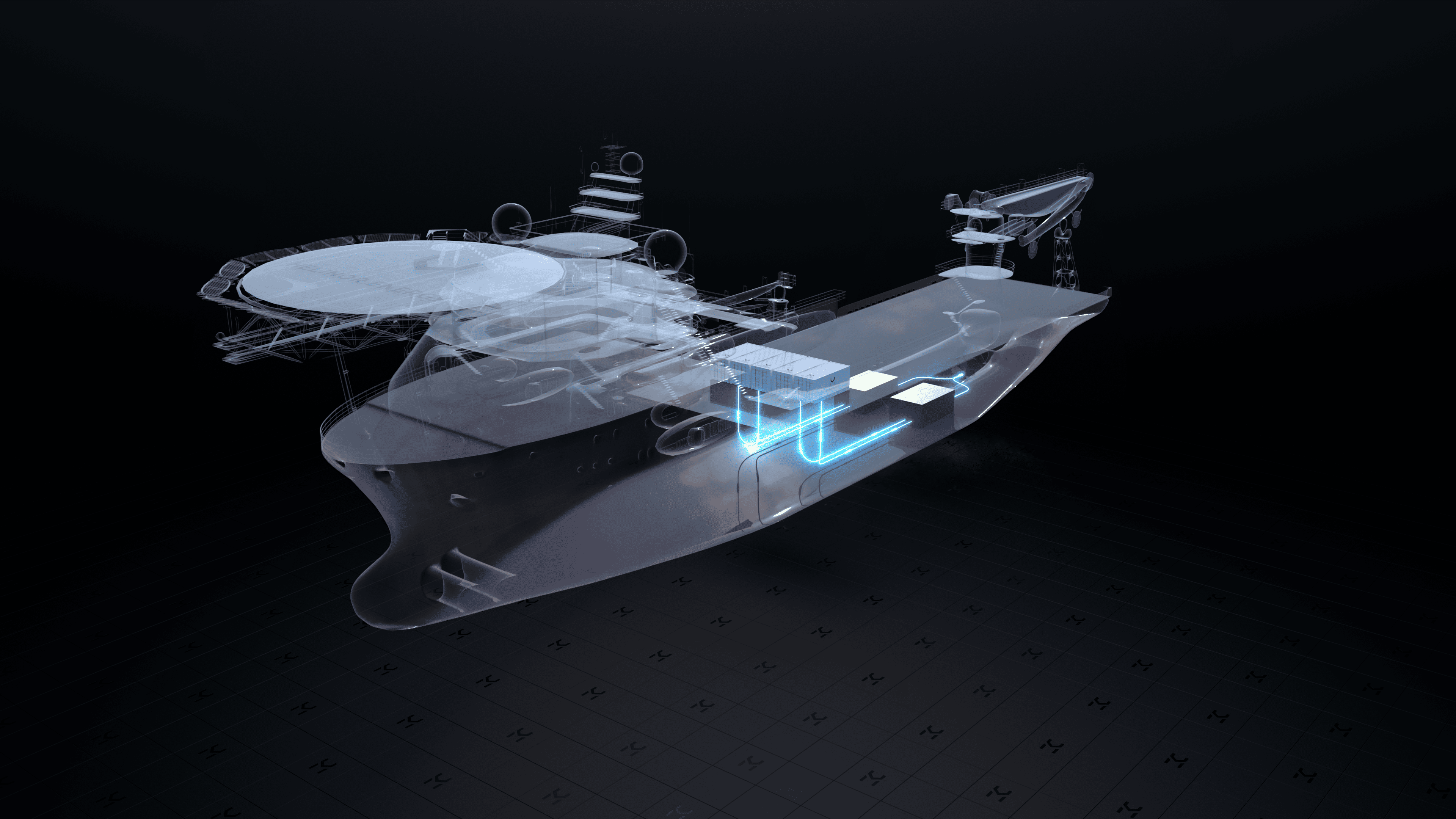 3D render of offshore vessel with integrated HELINOR Energy hydrogen fuel cell system, showcasing zero-emission power distribution and scalable maritime energy architecture