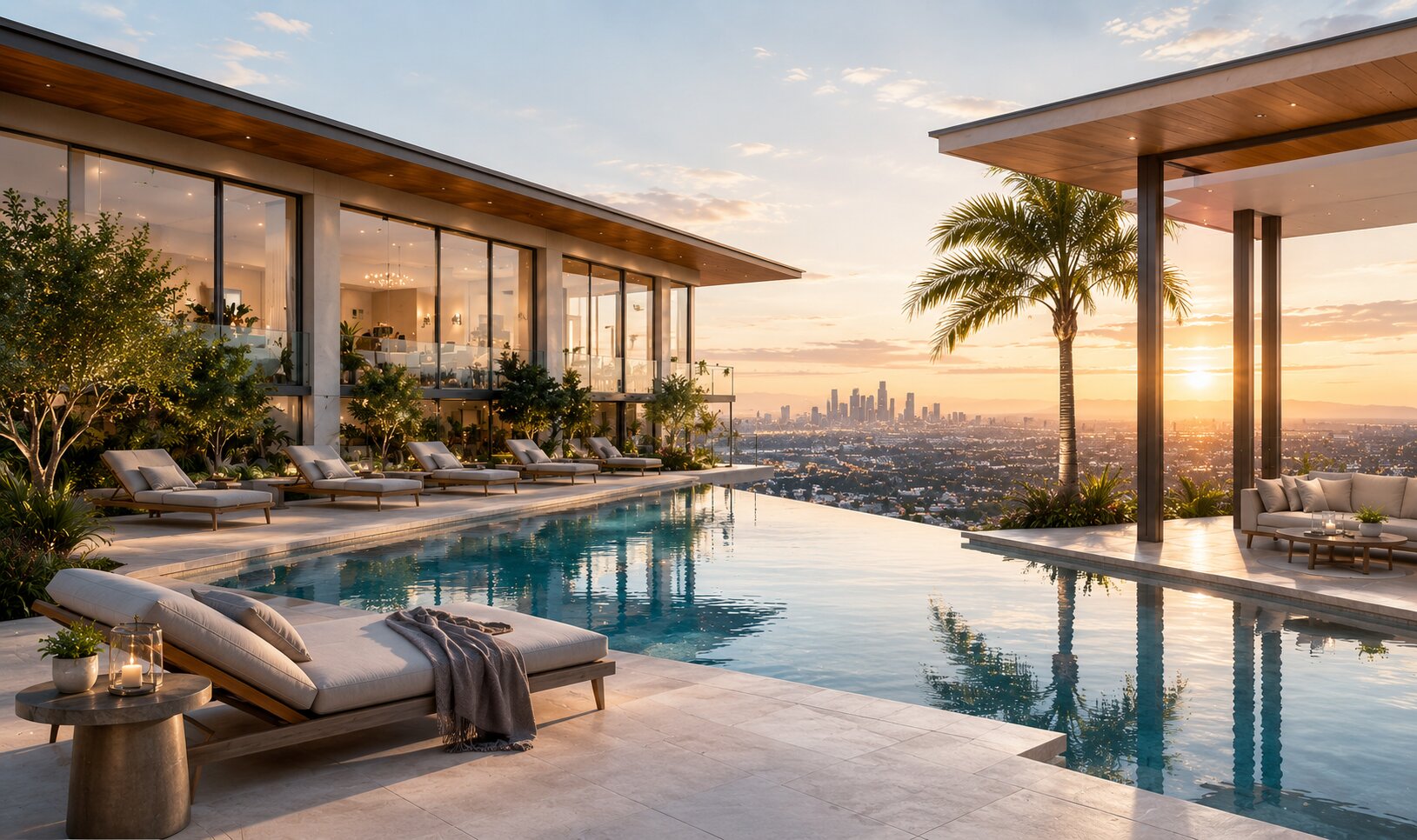 Luxury hillside estate with infinity pool overlooking the coastline at sunset