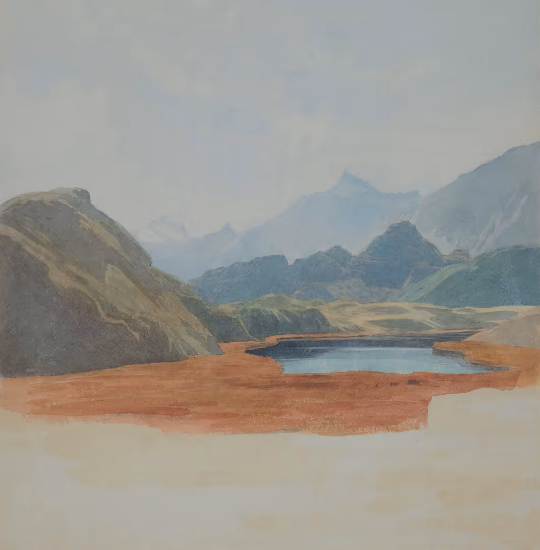 Watercolor painting of a mountainous landscape with a small blue lake and reddish-brown foreground soil.